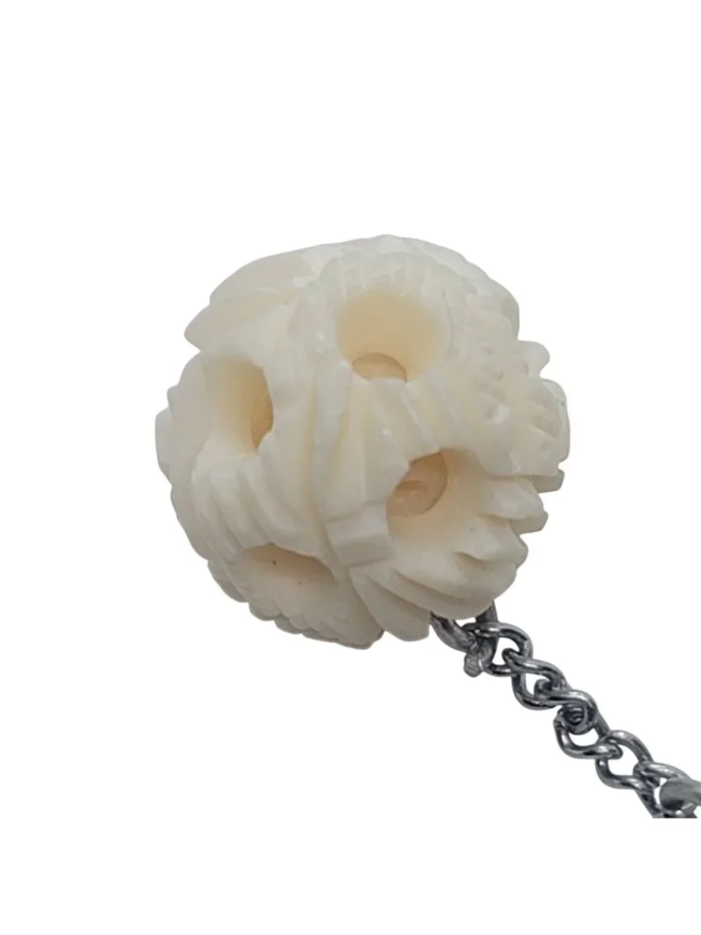 Vintage Carved Celluloid Horn Brooch Dangling Puzzle Ball Pendant Chain Accent
